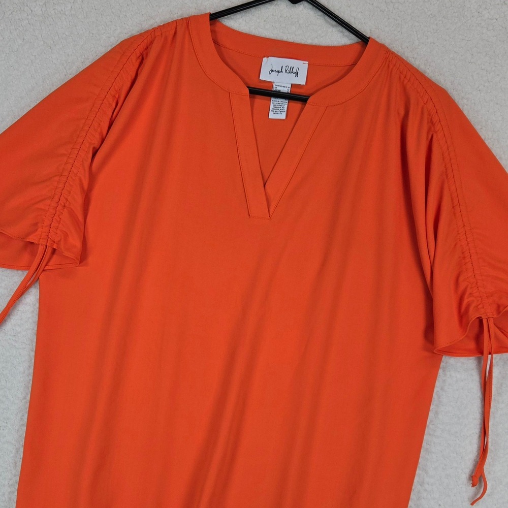 Joseph Ribkoff Womens Blouse 10 Neon Orange Ruched Sleeve V-Neck Dopamine Chic